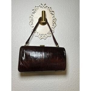 1950's Style Pill Box Shape Lizard Handbag Purse , Dark Brown w/Brass accents